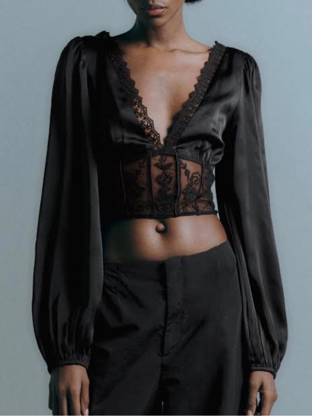 Zara Black Satin Lace-Trim Corset Crop Top